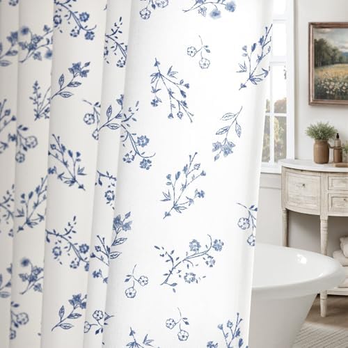 Dark Blue Floral Vintage Cotton Shower Curtain French Country 72Wx72H
