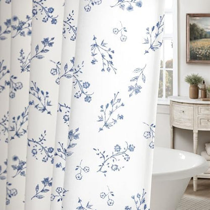 Dark Blue Floral Vintage Cotton Shower Curtain French Country 72Wx72H