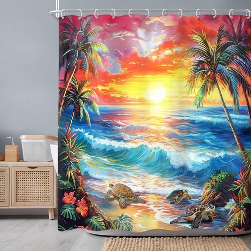 Ocean Summer Beach Tropical Leaf Hawaiian Bathroom Shower Curtain Set
