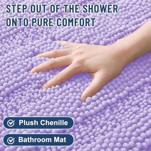 Grandaily Chenille Striped Bathroom Rugs 36x24, Extra Thick and Soft Absorbent Bath Mats, Rubber Backing, Plush Shaggy Shower Carpet, Machine Wash Dry, Bath Rug for Bathroom, Light Purple
