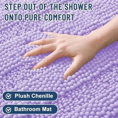 Grandaily Chenille Striped Bathroom Rugs 36x24, Extra Thick and Soft Absorbent Bath Mats, Rubber Backing, Plush Shaggy Shower Carpet, Machine Wash Dry, Bath Rug for Bathroom, Light Purple