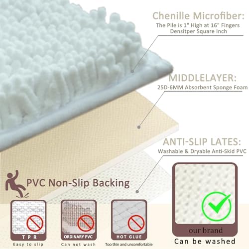 Bathroom Rugs Sets 3 Piece Non Slip,Bath Rugs with PVC Backing Bath Carpet,Bathroom Rug Washable,Absorbent,Plush Carpet Mats,Bath Mats for Bedroom, Kitchen,Tub,Home Decor (White)