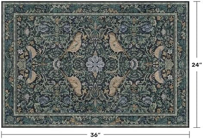 Washable Floral Small 2x3 Dark Blue Entryway Rugs Indoor, Botanical Bird Kitchen Floor Mats, Non-Slip & Soft Boho Carpet for Bathroom, Low Pile Stain Resistant Throw Rugs Bedroom