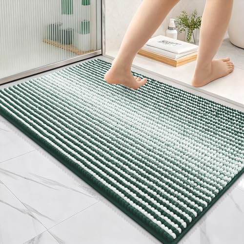 OLANLY Bathroom Rugs 36x24, Soft Chenille Striped Bath Rugs, Blackish Green