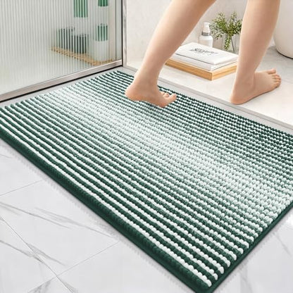 OLANLY Bathroom Rugs 36x24, Soft Chenille Striped Bath Rugs, Blackish Green