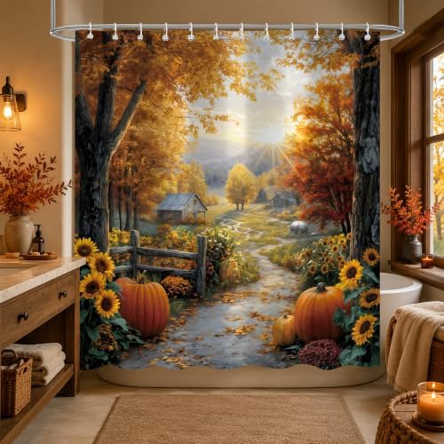 Autumn Country Road Shower Curtain, 72 x 78 Inch Fall Landscape Bathroom Curtain with Pumpkins, Sunflowers, Trees and Farmhouse Path Decor