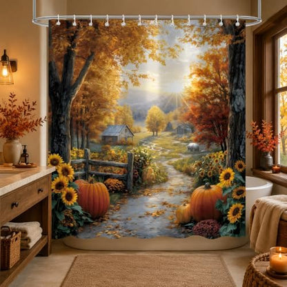 Autumn Country Road Shower Curtain, 72 x 78 Inch Fall Landscape Bathroom Curtain with Pumpkins, Sunflowers, Trees and Farmhouse Path Decor