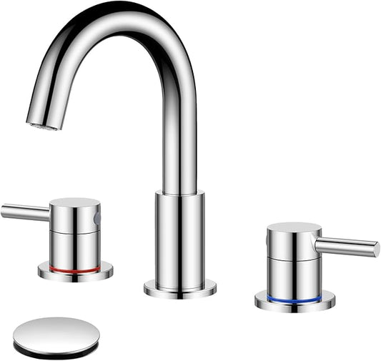 FGKQ Bathroom Faucet for Sink 3 Hole, Chrome Bathroom Sink Faucet with Pop-Up Drain and Water Supply Lines, 8 inch Widespread Vanity Faucet 2 Handle with 360° Swivel