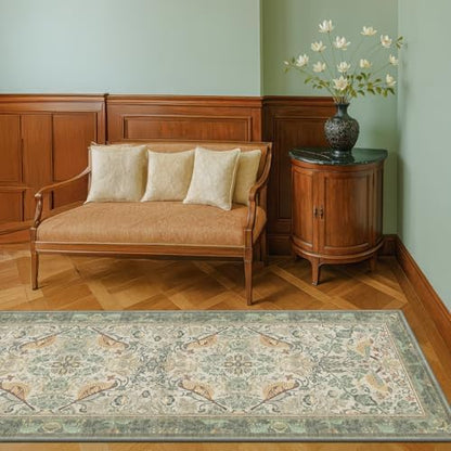 8ft Long Floral Kitchen Runners - Sage 2x8 Runner Rug for Hallway Bathroom Laundry Room Bedroom Beside Bed Entryway, Boho Birds Leaves Patterned Non Slip Low Pile Washable Rugs