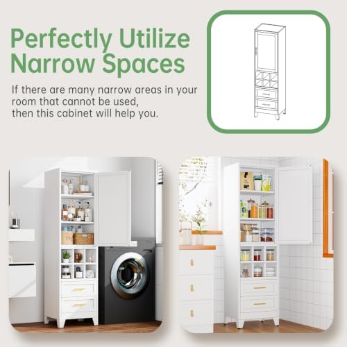 Ckzbx Tall Narrow Storage Cabinet, 66.93" H Tall Bathroom Cabinet Metal Pantry Cabinets with Hollowed-Out, 3 Adjustable Shelves, for Kitchen, Bathroom, Home Office, Living Room (White)