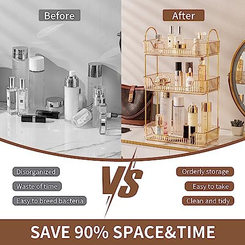 Akinbas 3 Tier Bathroom Organizer Countertop Makeup Perfume Tray Skincare Organizer for Bathroom Dresser Vanity (Gold)