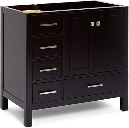 ARIEL Cambridge 36-inch Bathroom Vanity Base Cabinet,Solid Wood, 2 Soft Closing Doors, 5 Dovetail Drawers, Espresso