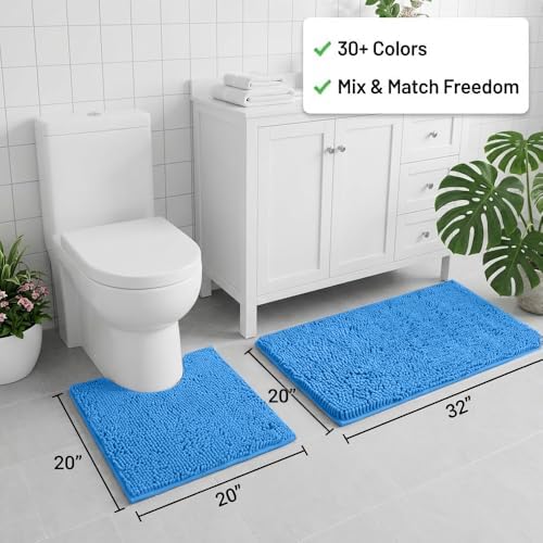 Bathroom Rugs Sets 2 Piece,Super Absorbent Chenille Bath Mats and U-Shaped Toilet Rug,Strong PVC Non Slip Backing,Microfiber Washable Dry Quickly Bath Mats for Bathroom(20"x32"+20"x20"U, Calm Blue)