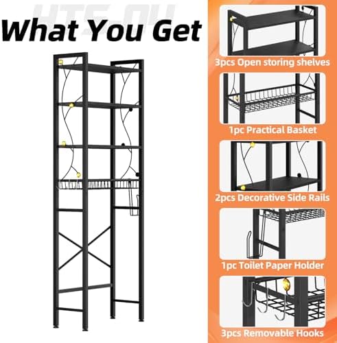 Over-The-Toilet Storage Rack, 4-Tier Bathroom Organizer Shelf Over Toilet with Adjustable Shelf and Basket, Freestanding Space Saver Bathroom Shelves Above Toilet for Room (Pure Black)