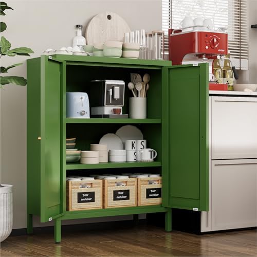 YAUWOH Small Metal Cabinet, Storage Cabinet with 2 Adjustable Shelves and 2 Doors,Freestanding Sideboard for Small Spaces, Living Room, Home Office, Dining Room(1PC,Forest Green)