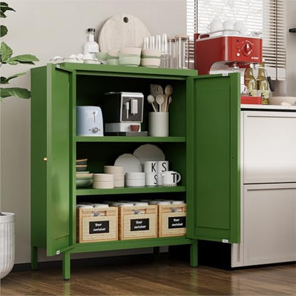 YAUWOH Small Metal Cabinet, Storage Cabinet with 2 Adjustable Shelves and 2 Doors,Freestanding Sideboard for Small Spaces, Living Room, Home Office, Dining Room(1PC,Forest Green)