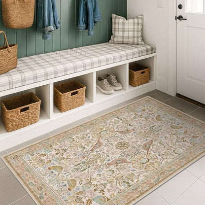 Large Entryway Rugs Indoor - Beige 3x5 Washable Rugs for Kitchen Bedroom Beside Bed Door Mat Indoor Entrance with Light Beige Woodland Flowers, Non Slip Stain Resistant Low Pile