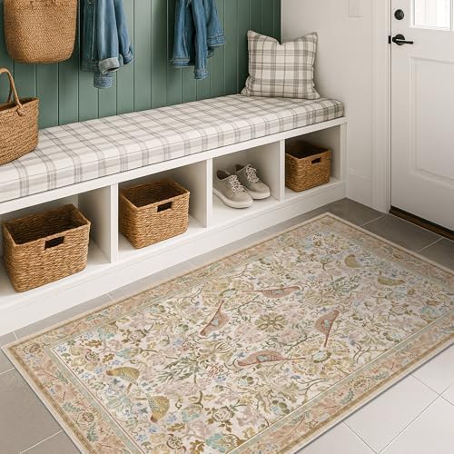 3x6 Washable Rug for Large Entryway - Boho Bird Rugs for Kitchen, Bedroom Beside Bed, Indoor Entrance Door Mat with Moody Woodland Flowers, Non-Slip Stain Resistant Low Pile