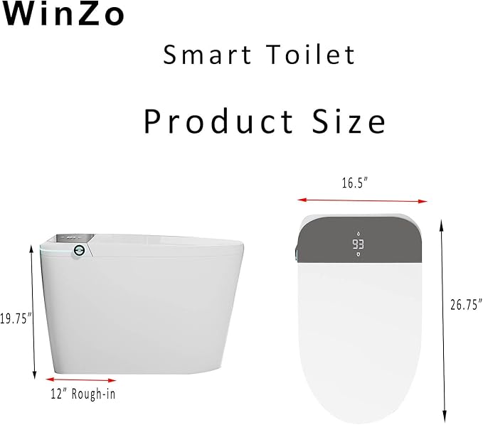 WinZo Smart Toilet, Tankless Toilets with Heated Seat, Auto Open & Close, Smart with Bidet Built In ADA Chair Comfort Height, Dryer and Warm Water Sprayer, Featuring Foot Sensor and Grey LED Display