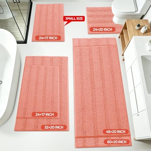 ACCUMTEK Striped Coral Bathroom Rug Mat Set 2 piece 32"x20"+60"x20" Ultra Soft, Non Slip Chenille Bath Rugs, Absorbent Plush Shaggy Bath Mats for Bathroom, Bedroom, Kitchen, Shower, Tub