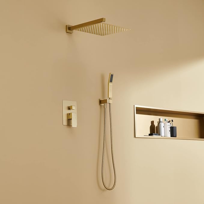 Rain Shower System 12 Inches Shower Combo Set Brushed Gold Wall Mount Faucet Bathroom Faucets with Rainfall Shower Head and Hand Shower