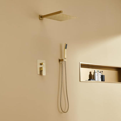 Rain Shower System 12 Inches Shower Combo Set Brushed Gold Wall Mount Faucet Bathroom Faucets with Rainfall Shower Head and Hand Shower