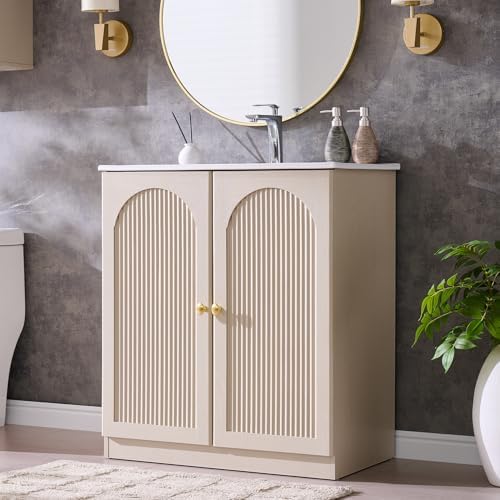 IFBUY 30 Inch Arched Bathroom Vanity with Sink, Modern Fluted Design, Cream