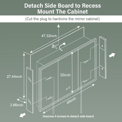 LED Medicine Cabinet,48x32inch,Recess Mirror Cabinet for Bathroom,3 Color,Dimmable,Demister, Detachable Side Panel for Recess Mount or Surface Mount,USB Shaver Socket, Internal Lighting