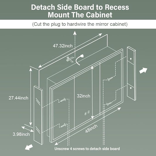 LED Medicine Cabinet,48x32inch,Recess Mirror Cabinet for Bathroom,3 Color,Dimmable,Demister, Detachable Side Panel for Recess Mount or Surface Mount,USB Shaver Socket, Internal Lighting