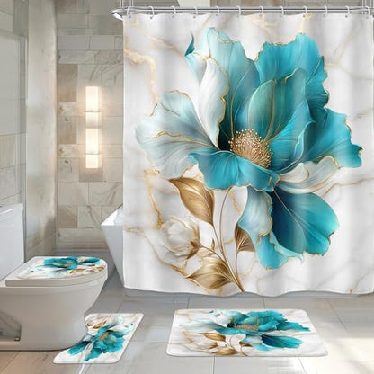 Teal Gold Marble Floral Modern 4Pcs Bathroom Shower Curtain Set with Rugs