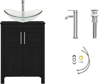 YOURLITE 24 Inches Traditional Bathroom Vanity Set with Single Faucet Hole, Clear Boat Glass Sink, Black Finish, 2-Door Cabinet