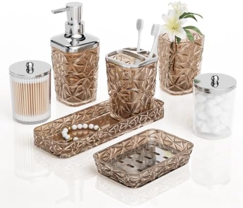Bathroom Accessory Set, 7 Pcs Brown Bathroom Set, Acrylic Soap Dispenser and Toothbrush Holder Set, Qtip Holder Set, Bathroom Sink Set, Gift for Home Apartment