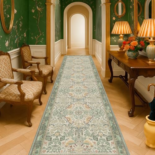 12ft Extra Long Vintage Runner Rugs for Hallways - 3x12 Wide Kitchen Runners, Entryway Rug, Sage Boho Design with Flowers and Leaves, Washable Non Slip Low Pile