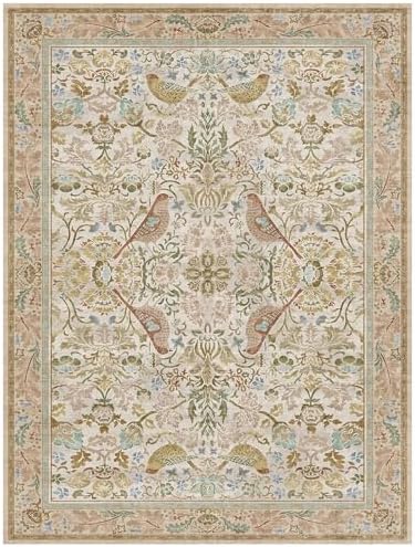Washable Area Rugs 6x8 for Living Room - Western Nature Rugs for Bedroom, Dining Room, Playroom, Guest Room with Boho Beige Neutral Botanical & Bird Pattern, Non Slip Stain Resistant Low Pile