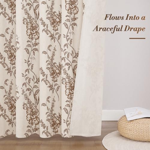 Brown Linen Farmhouse Shower Curtain, Boho Floral Bathroom 72x78