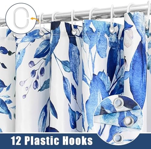Eucalyptus Shower Curtain, Abstract Aesthetic Art Watercolor Plant Leaves with Floral Bathroom Decor, Waterproof Fabric Cloth Bath Curtain Set with Hooks (Dark Blue, 72x72 Inches)