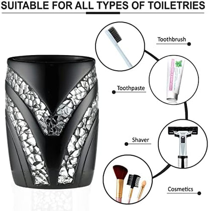 Zahari Home 4pc Sinatra Stylish Bathroom Accessories Set Black Soap Dispenser/Lotion Pump, Tumbler, Tooth Brush Holder and Soap Dish Modern Luxury Decor Bling Mosaic Glass Black Bathroom Accessories