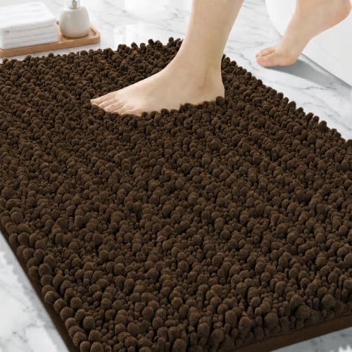Bathroom Rugs Non Slip Washable 32x20, Extra Thick Soft Chenille Absorbent Bath Mat, High Density Barrier Non Slip Backing, Quick Dry Plush Shaggy Floor Carpet for Tub&Shower, Brown