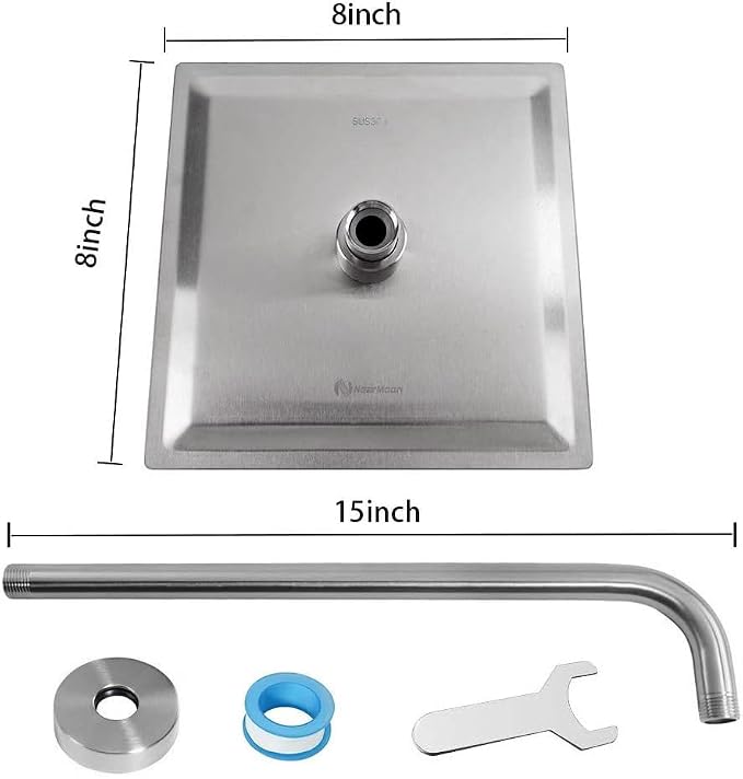 NearMoon Square Rain Shower Head With Extension Arm, Large Stainless Steel Rainfall Shower-Waterfall Full Body Coverage (8 Inch, Nickel)
