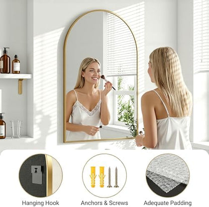 Antok Arched Bathroom Mirror, 24"x36" Wall Mounted Mirror, Vanity Mirrors for Over Sink, Aluminum Alloy Frame Bathroom Mirrors Living Room, Bedroom and Entryway, Gold