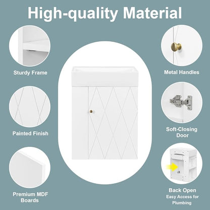 20" Floating Small Bathroom Vanity with Sink, Wall Mounted Vanity for Compact Bathrooms, Space-Saving Narrow Bathroom Vanities with Soft-Close Door Open Shelf Towel Bar (White,20" Floating Door)