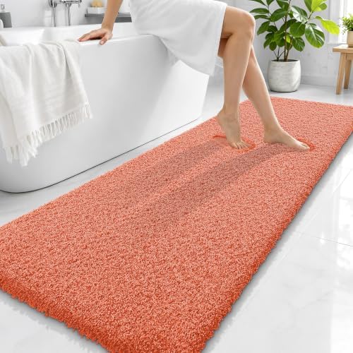 OLANLY Microfiber Bathroom Runner Rugs 70x24, Ultra Soft Bath Mat, Coral