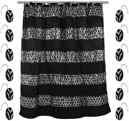 Zahari Home 13pc Sinatra Bathroom Shower Curtain Set Classic Shower Curtain & 12 Shower Curtain Hooks Luxury Fabric Shower Curtain Unique Design Bling Black Shower Curtain Set