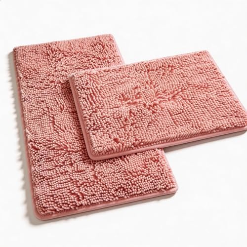 Pink Bathroom Rugs Chenille Bath Mat Set 2-Piece Bath Rugs for Bathroom Extra Soft Bath Mats for Bathoom Non Slip Absorbent Shag Bathoom Carpet