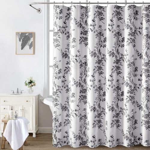 Black and White Floral Shower Curtain,Vintage Cotton Cottagecore Gray Shower Curtains for Bathroom, 72" W x 78" L