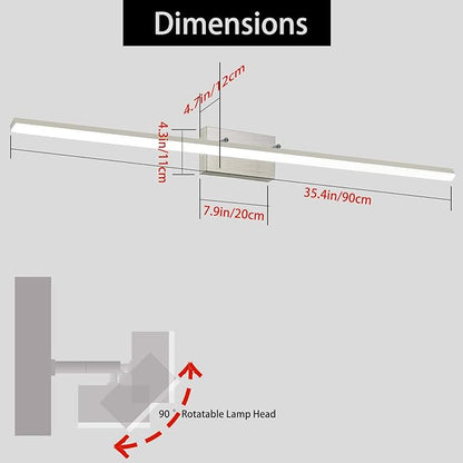 36-Inch Modern LED Bathroom Lights Fixtures, Dimmable 36W 6000K Cool White Makeup Vanity Lighting, Brushed Nickel Vanity Light, Adjustable Bathroom Light Bar Over Mirror