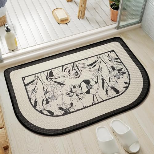 YDKGL Half Circle Bath Mat, Non Slip Thin Bathroom Rugs, Black 20x31