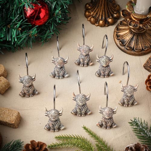 Roowest 12 Pcs Highland Cow Shower Curtain Hooks, Stainless Steel Hangers