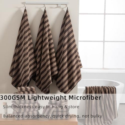 18 Pcs Brown Cabana Stripe Bath Towel Set with Hanging Loop-6 Bath Towels,6 Hand Towels,6 Washcloths Soft Microfiber Family Towels Highly Absorbent Quick Dry Shower Towel for Bathroom Beach Spa Gym