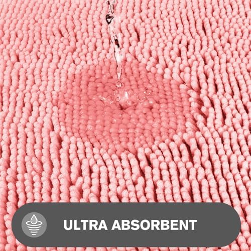 Small Bathroom Rug 12"x18" – Washable and Absorbent Bath Mat, Non Slip, Thick Soft Chenille Bath Rugs for Bathroom, Shower, Sink, Dog mat(Pink)